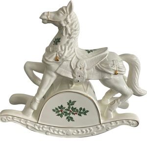 Large Musical Rocking Horse Christmas Holly White Ceramic with Holly